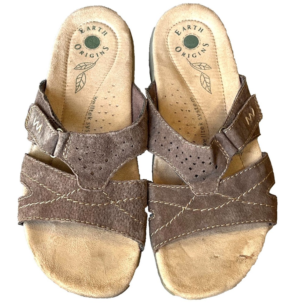 Earth Origins Selby Slide Sandals Comfort Travel Walking Brown Leather Women 9.5